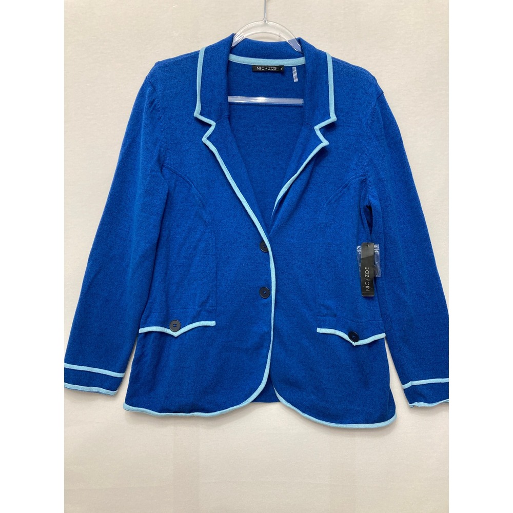 New Nic + Zoe Knit Blazer XL Blue Contrast Trim Two Button Cardigan Jacket